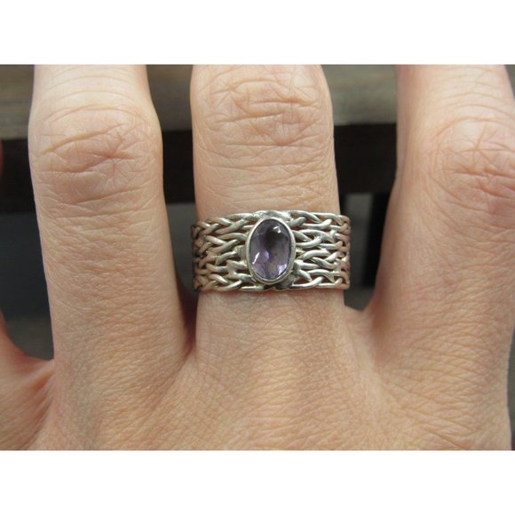 Size 9 Sterling Silver Handmade Cloudy Amethyst Band Ring Bohemian Everyday - Picture 3 of 8